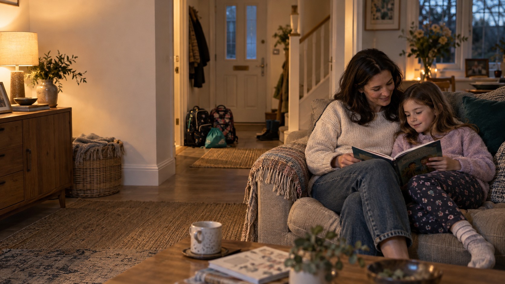A mother and daughter reading together in the evening, with school bags ready in the hallway