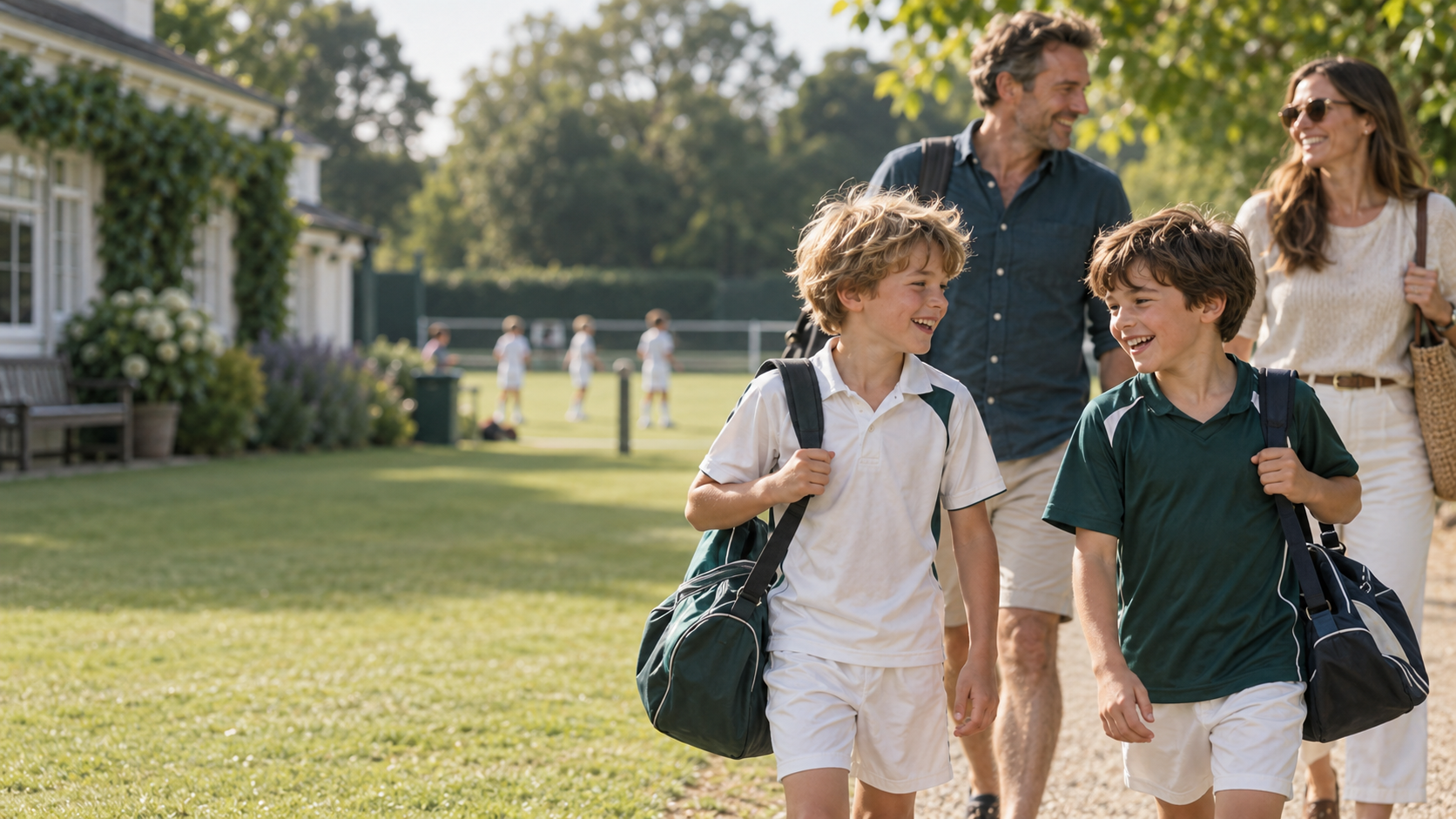 Two friends arriving at a summer sports club together while their parents chat nearby