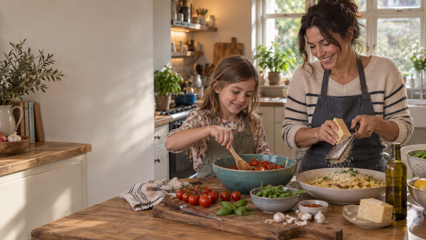 A mother and daughter preparing veggie pasta together in a warm family kitchen